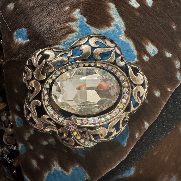 Pat Dahnke Hand painted Cowhide Brown and Blue leather Beaded Belt - Picture 5 of 9